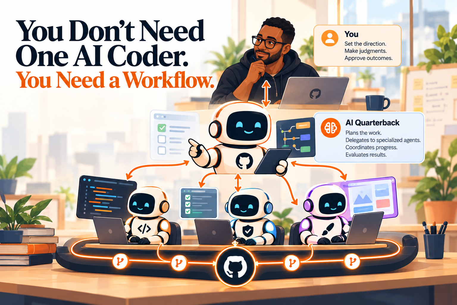 Illustrated AI-assisted coding workflow, showing how planning and specialized coding agents work together.