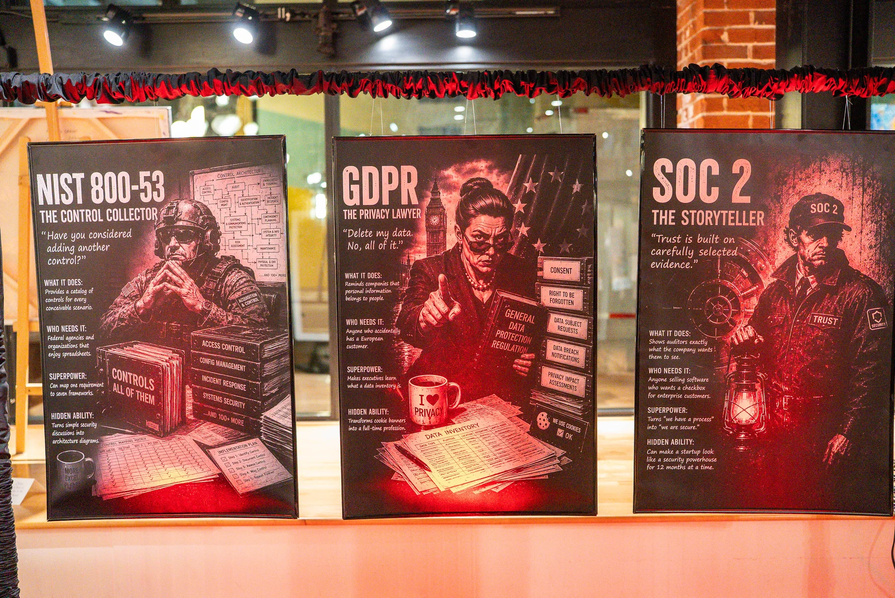 Museum display posters satirizing the pain points of NIST 800-53, GDPR, and SOC 2