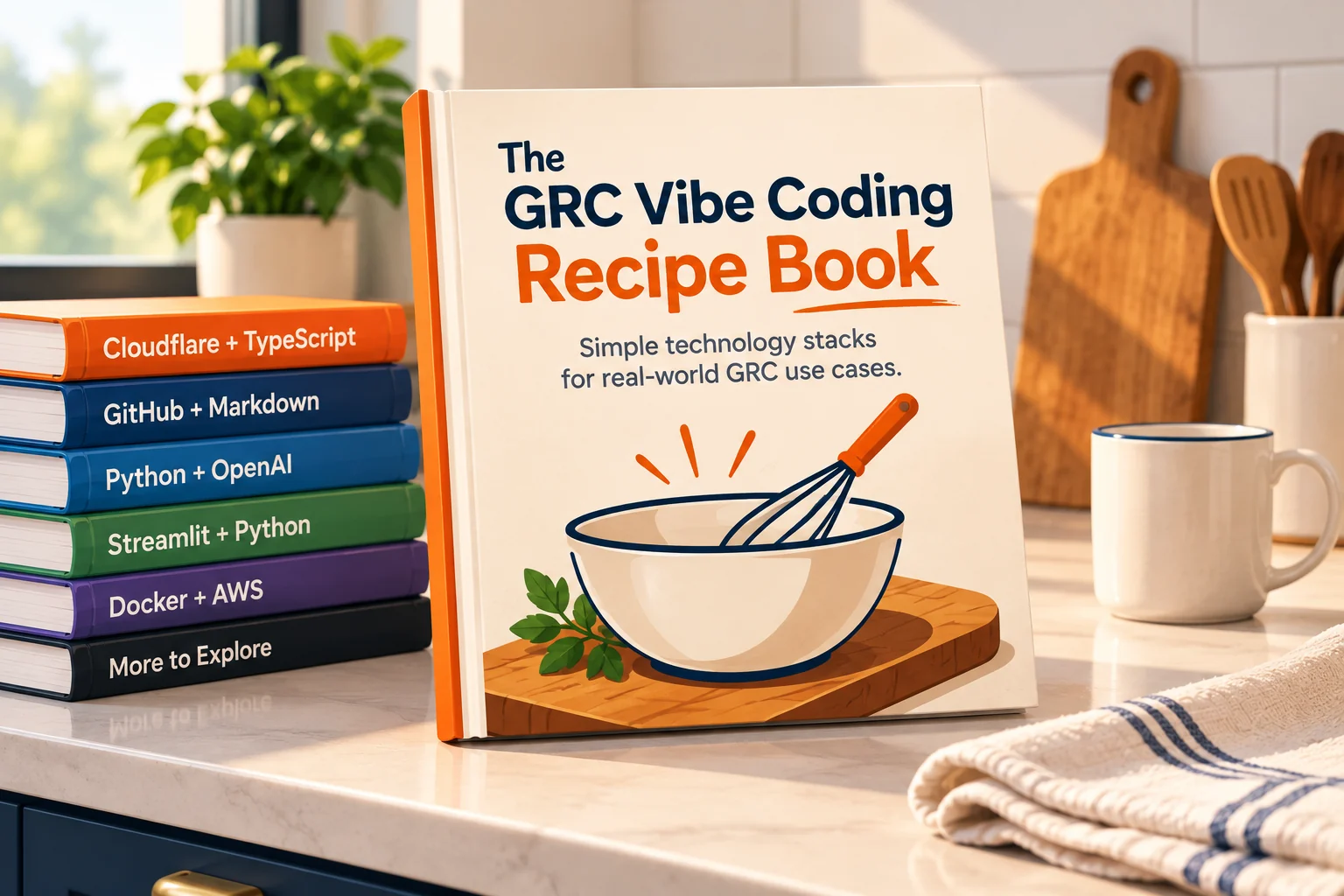 The GRC Vibe Coding Recipe Book on a sunny kitchen counter beside a stack of technology recipe books.
