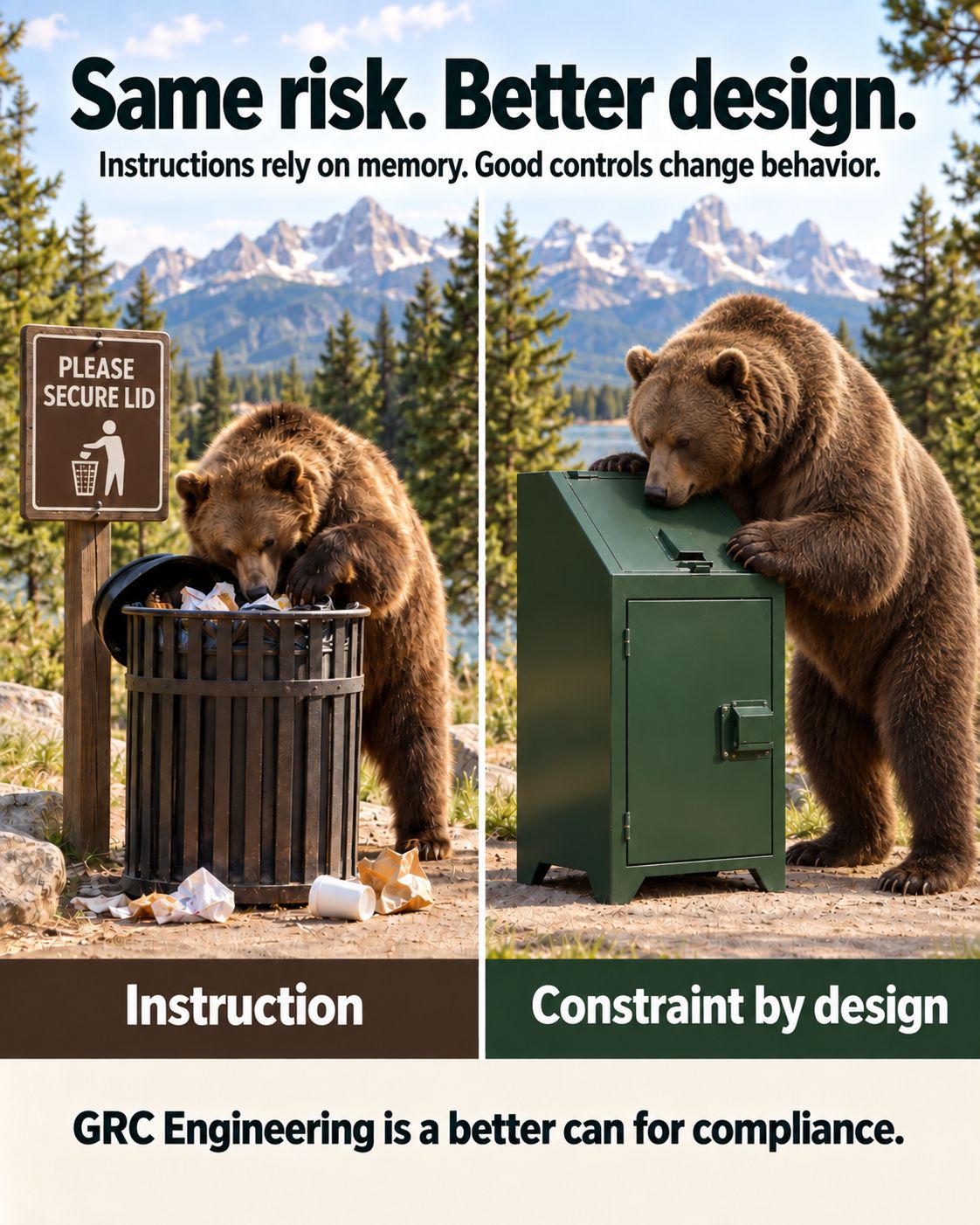 Two bears compare an open trash can controlled by instructions with a secured container constrained by design