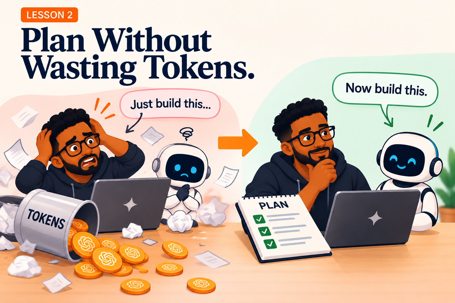 Before and after illustration: a developer wastes tokens by asking an AI to just build something, then succeeds by providing a clear plan.
